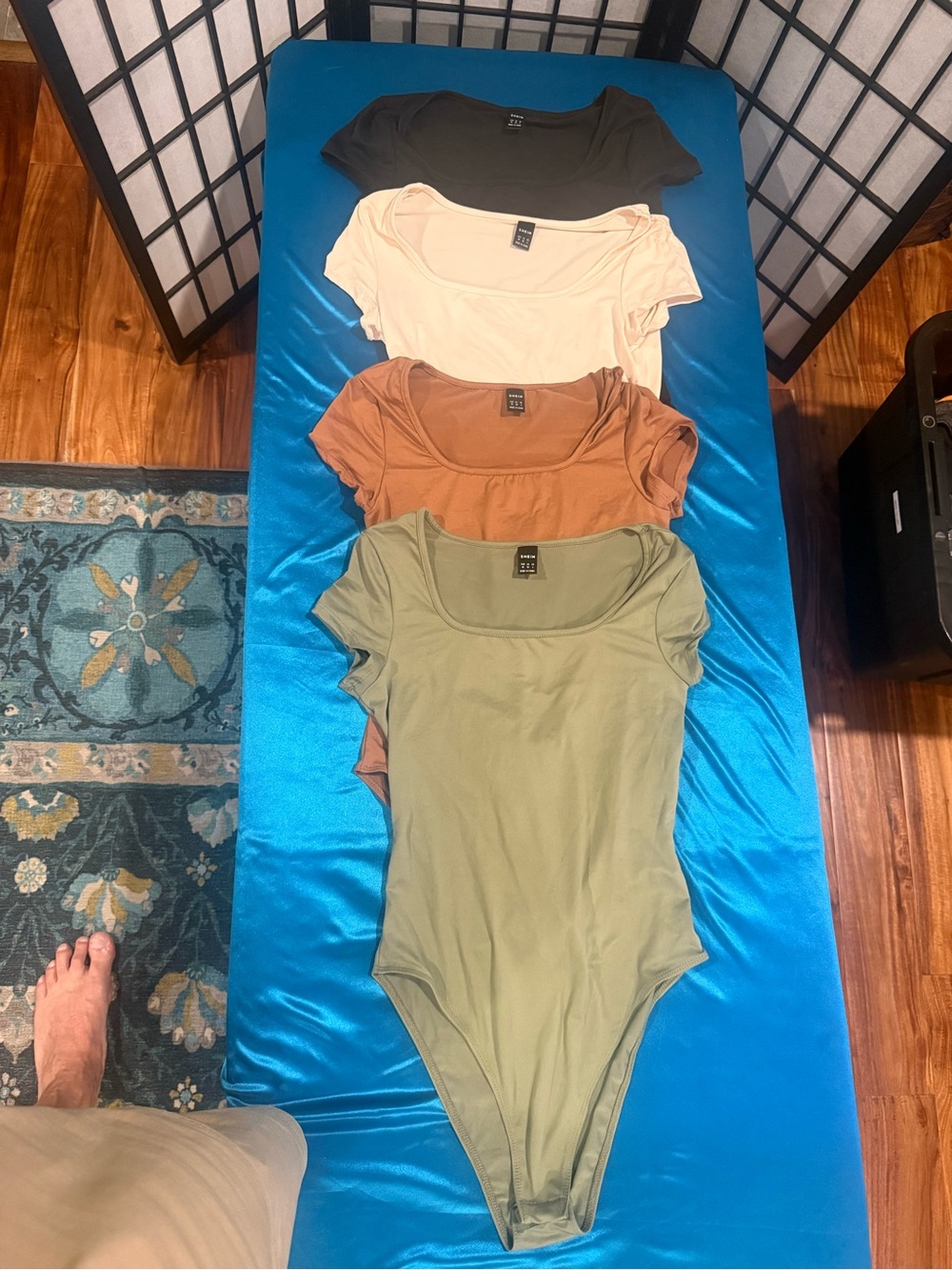4 SHEIN Scoop Neck Short Sleeve Bodysuit Set - Black, Cream, Brown, Olive (G2)